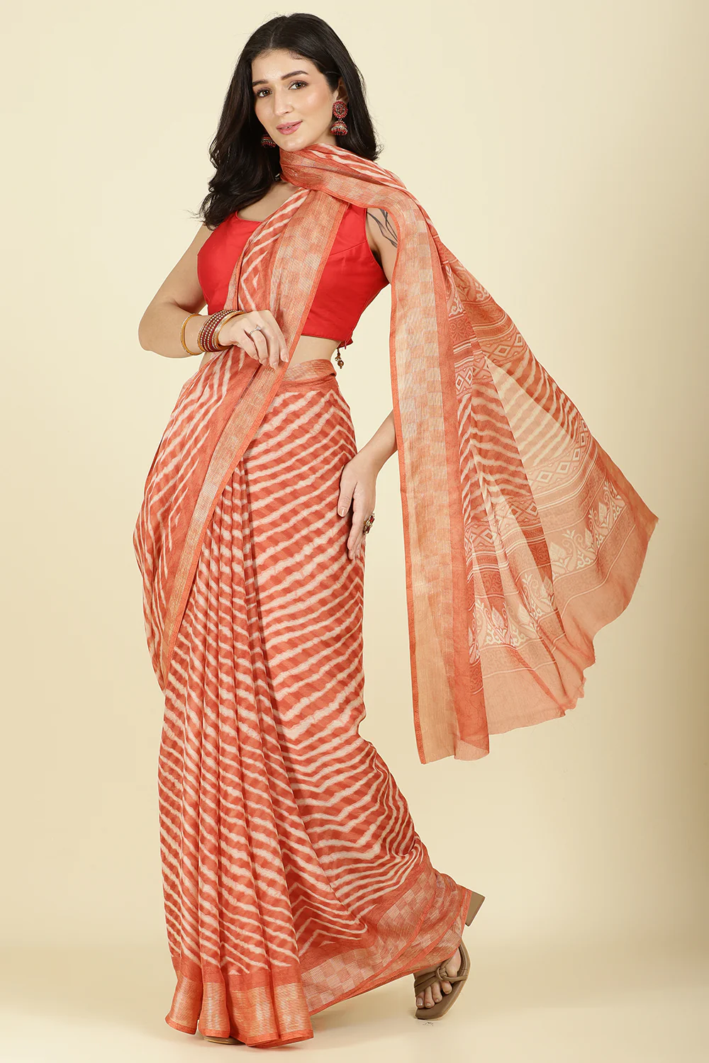 Orange Color Chiffon Leheriya Printed Saree - Image 2