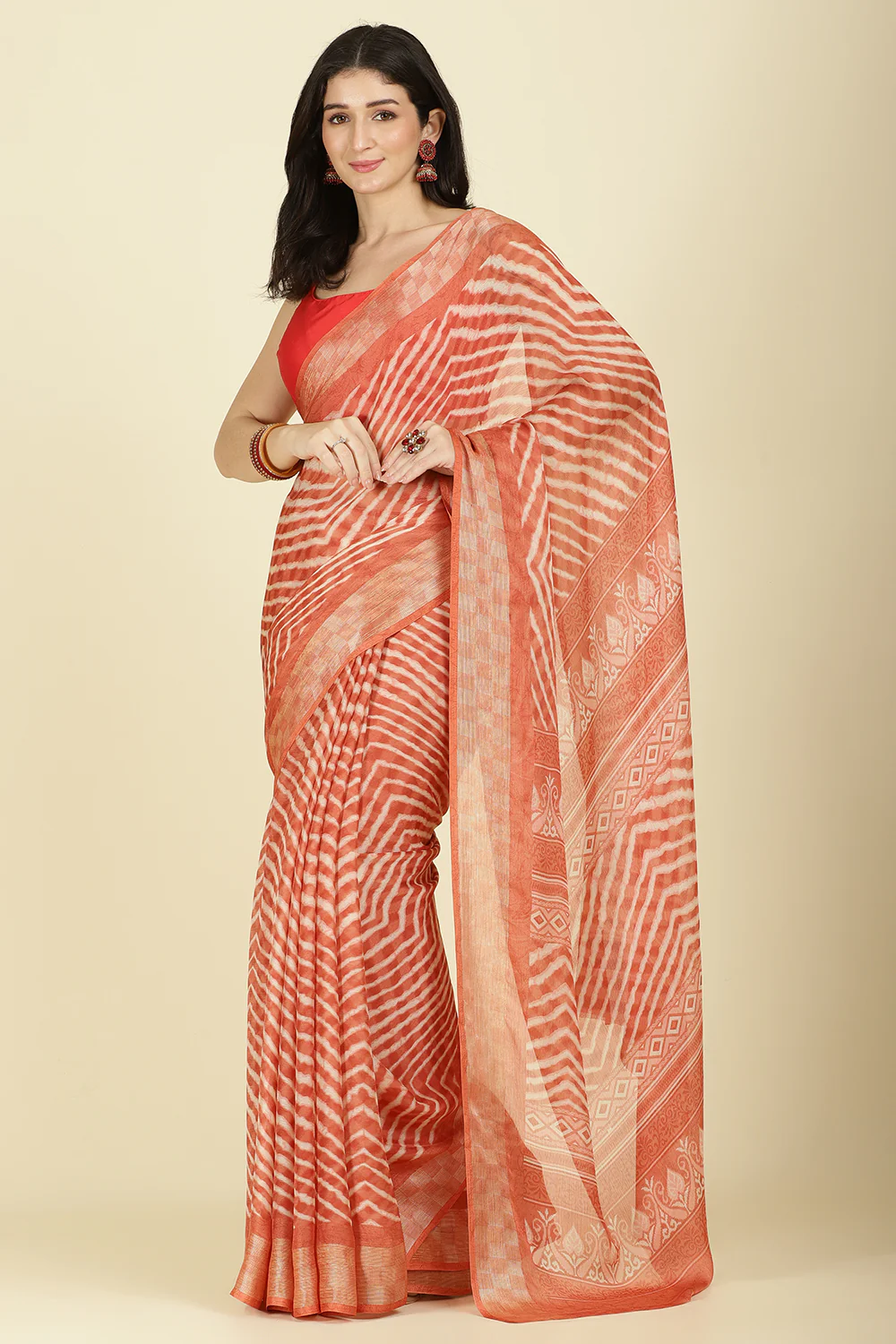 Orange Color Chiffon Leheriya Printed Saree - Image 4