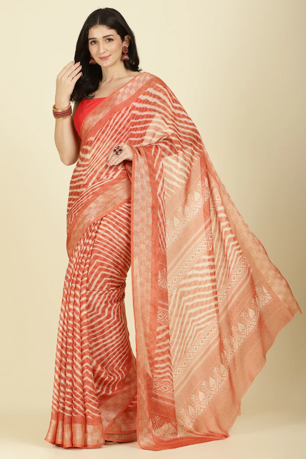 Orange Color Chiffon Leheriya Printed Saree - Image 5