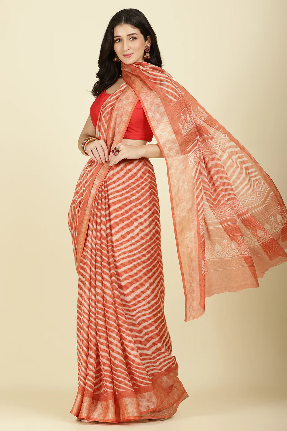 Orange Color Chiffon Leheriya Printed Saree - Image 6