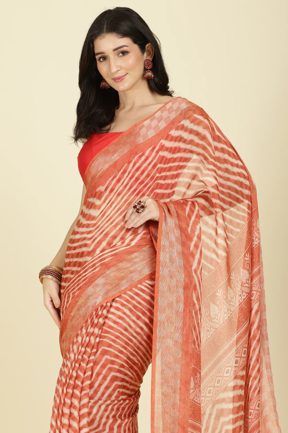 Orange Color Chiffon Leheriya Printed Saree - Image 7