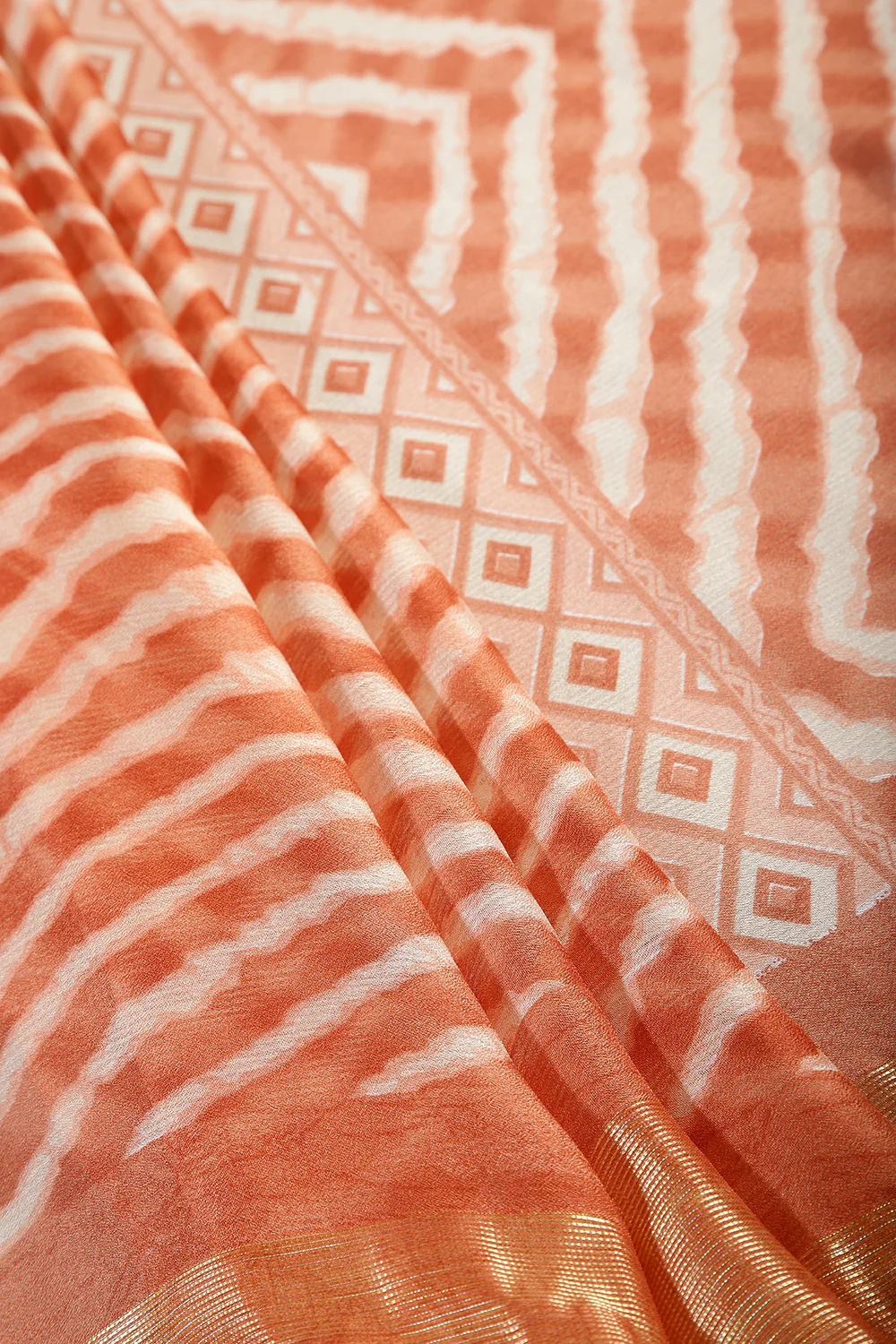 Orange Color Chiffon Leheriya Printed Saree - Image 9