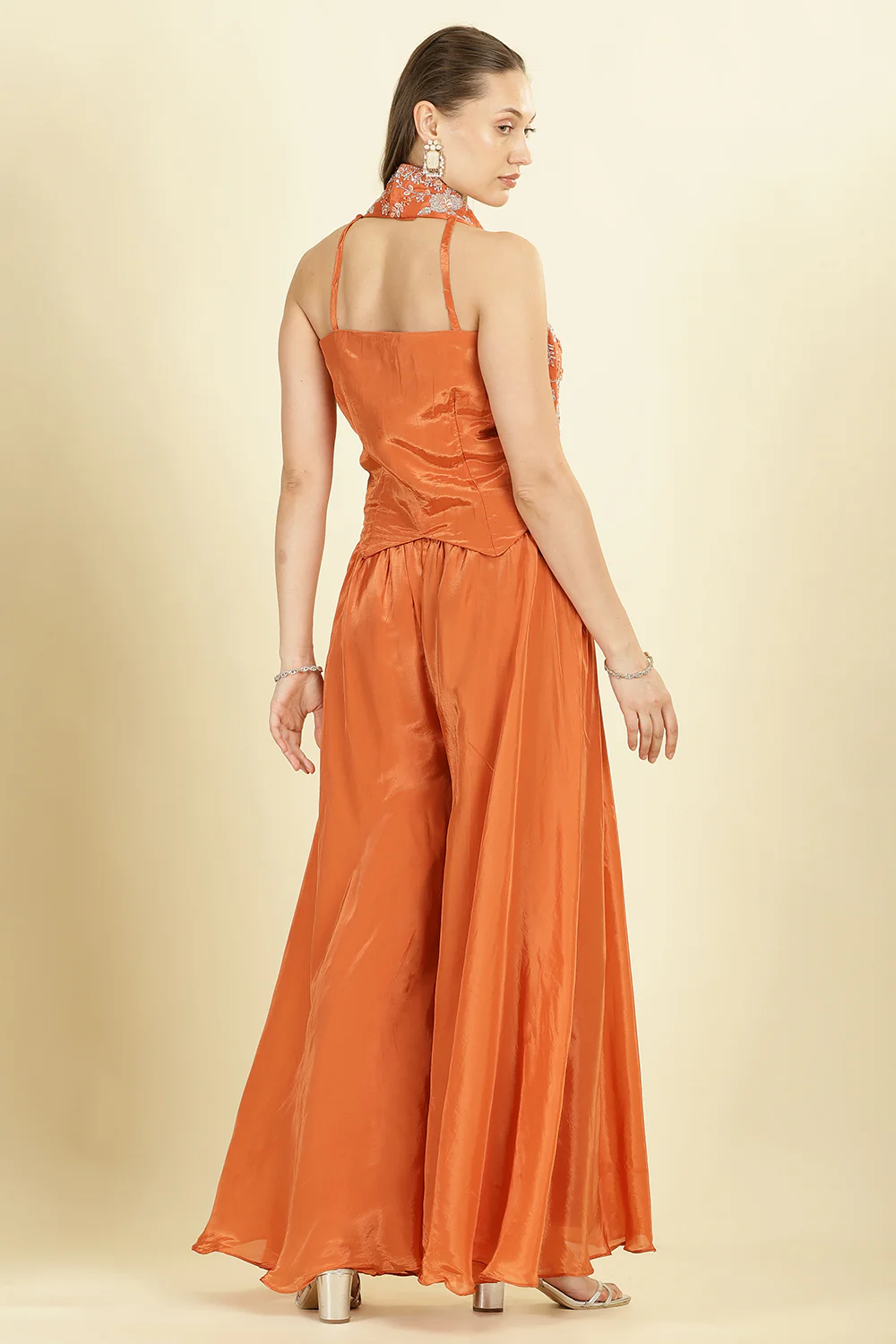 Orange Crepe Silk Emboridered Crop-Top With Palazzo Indo-Western Co-ord Set - Image 3