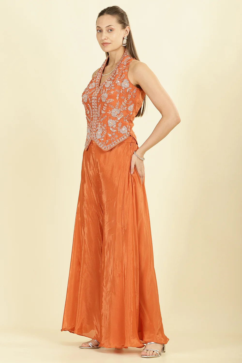 Orange Crepe Silk Emboridered Crop-Top With Palazzo Indo-Western Co-ord Set - Image 4