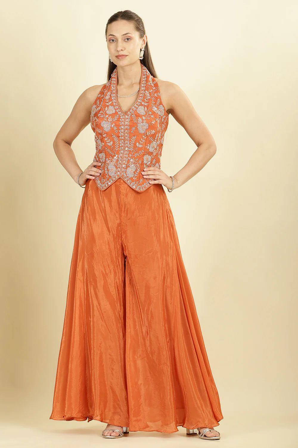 Orange Crepe Silk Emboridered Crop-Top With Palazzo Indo-Western Co-ord Set - Image 5
