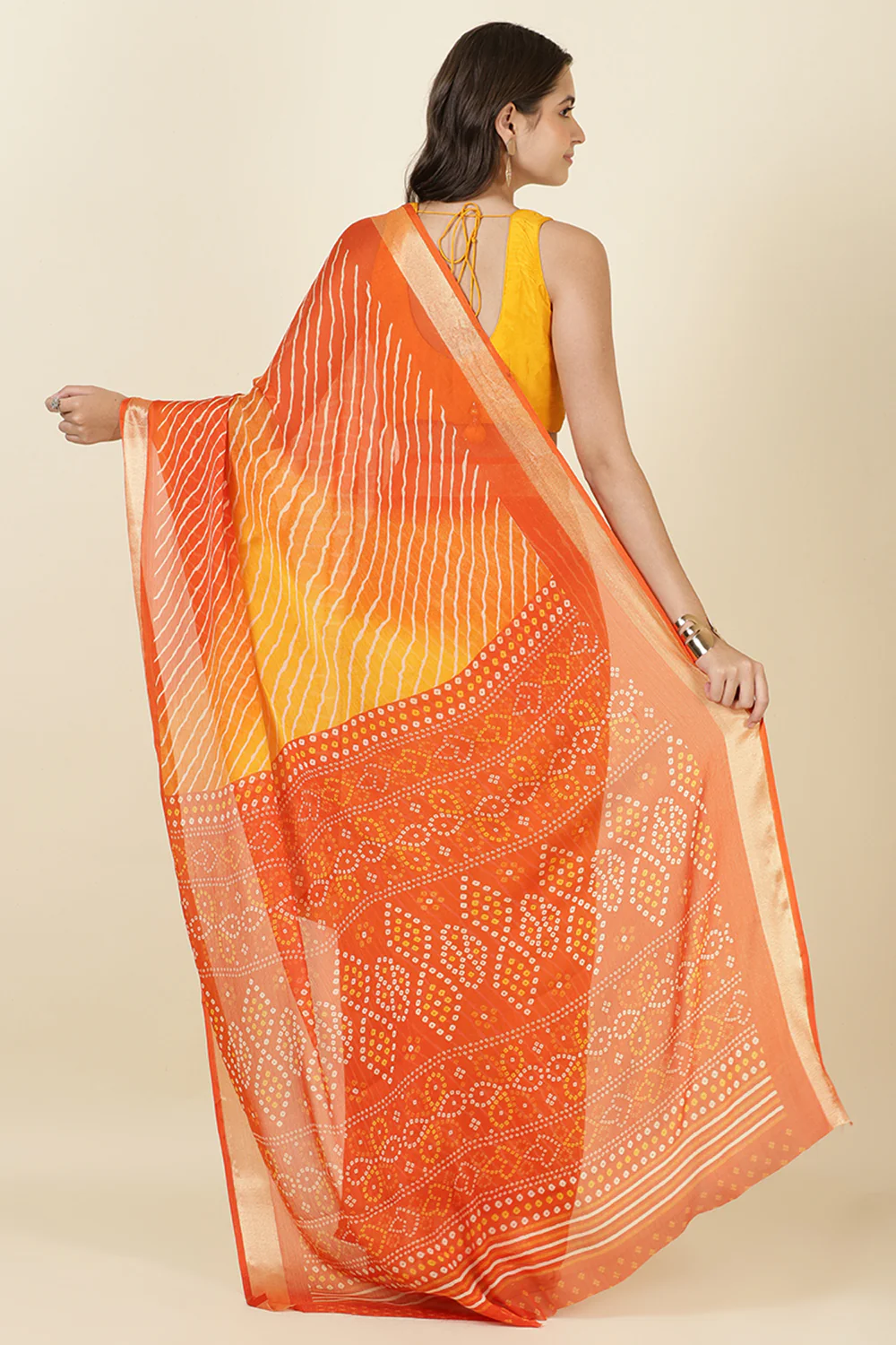 Orange Georgette Leheriya Printed Saree - Image 3