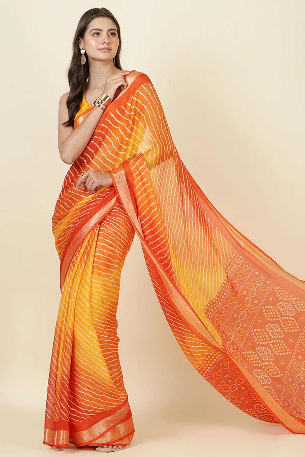 Orange Georgette Leheriya Printed Saree - Image 6