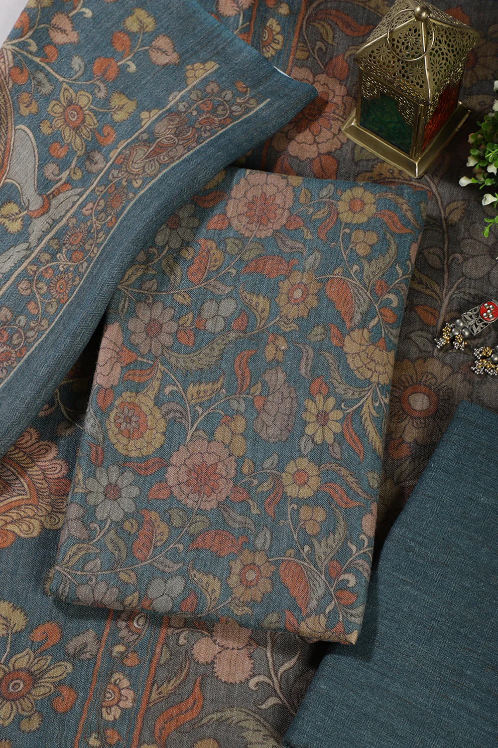 Pale Blue Floral Printed Spun Unstitched Suit Material - Image 3