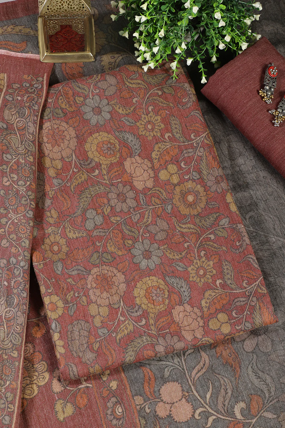 Pale Maroon Floral Printed Spun Unstitched Suit Material - Image 2