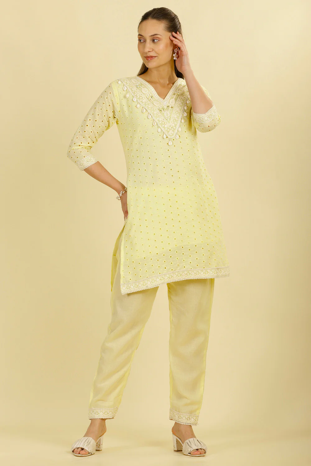 Pale Yellow Cotton Hacoba Style Neck-Embroidered Kurta Set - Image 2