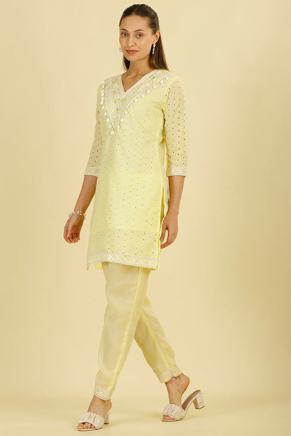 Pale Yellow Cotton Hacoba Style Neck-Embroidered Kurta Set - Image 3