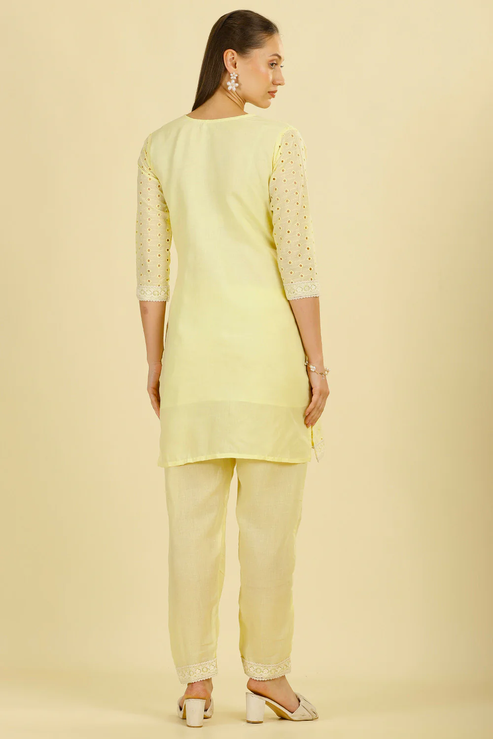 Pale Yellow Cotton Hacoba Style Neck-Embroidered Kurta Set - Image 4