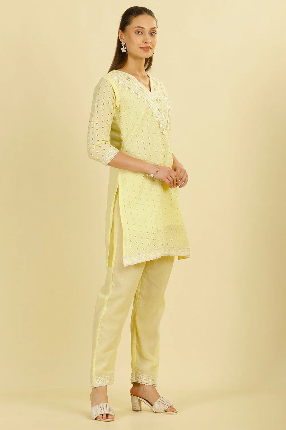 Pale Yellow Cotton Hacoba Style Neck-Embroidered Kurta Set - Image 5