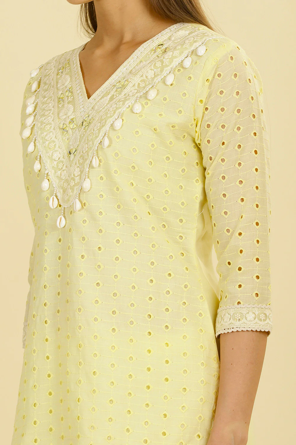 Pale Yellow Cotton Hacoba Style Neck-Embroidered Kurta Set - Image 6