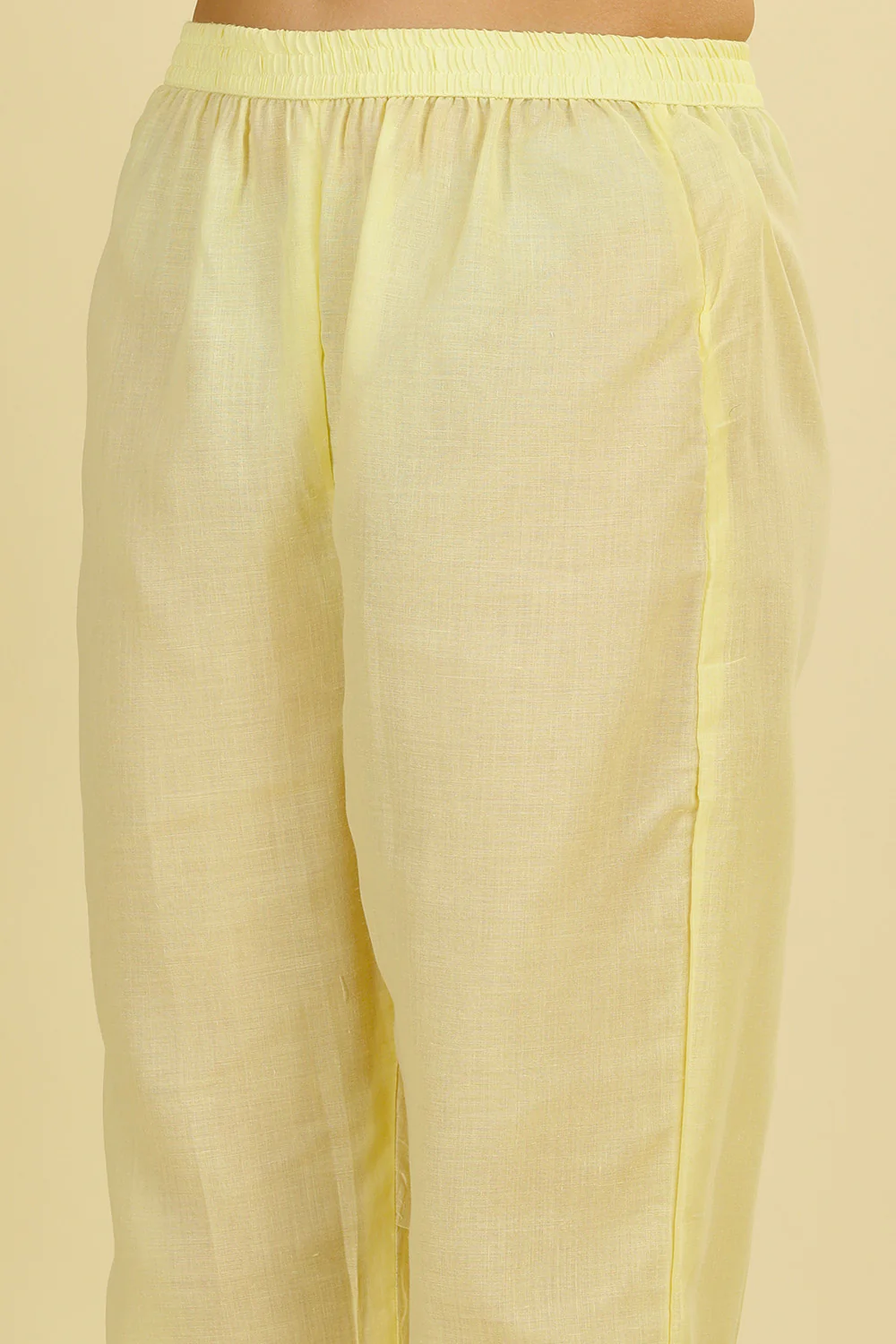 Pale Yellow Cotton Hacoba Style Neck-Embroidered Kurta Set - Image 7