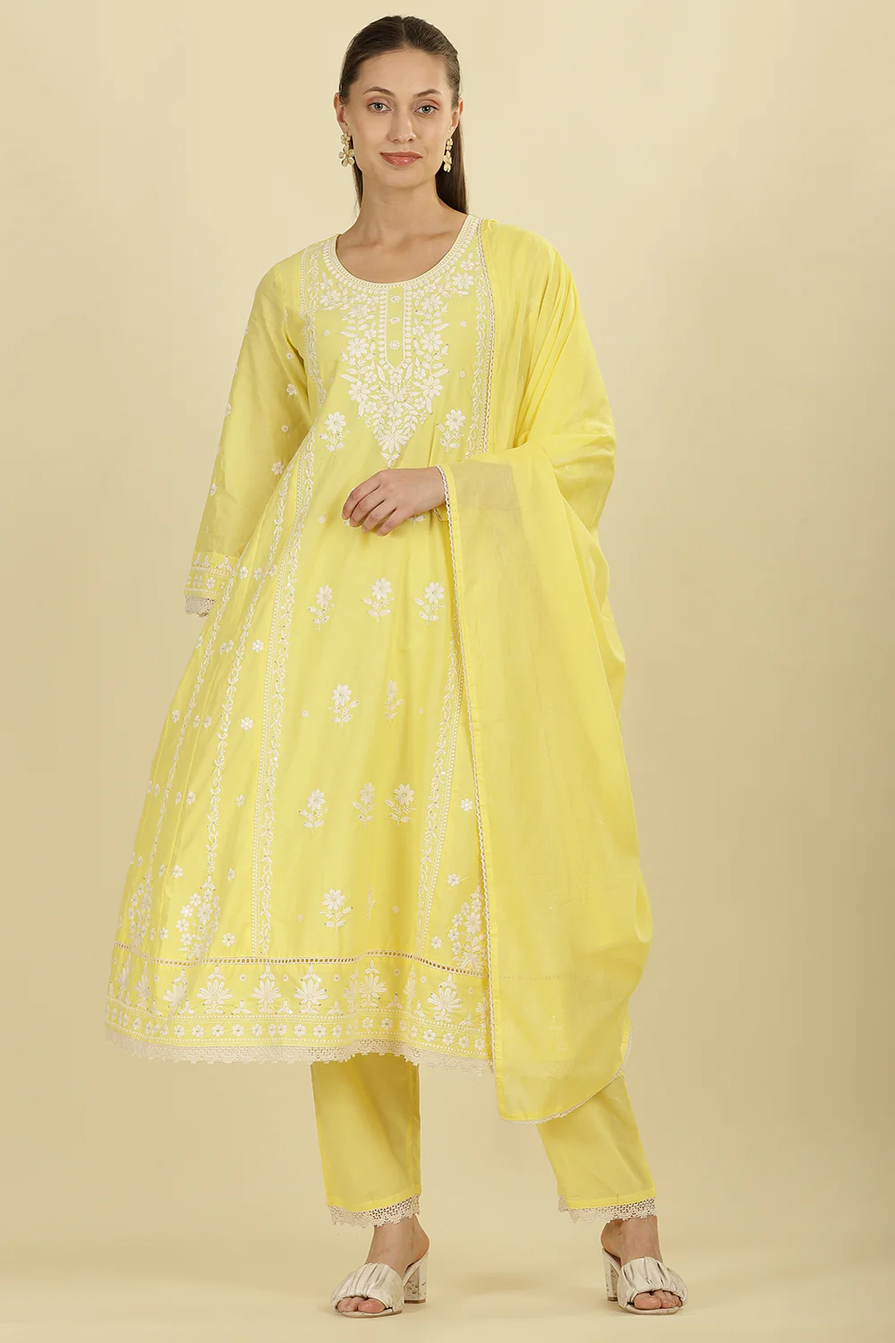 Pale Yellow Cotton Resham Floral Embroidered Anarkali Suit Set