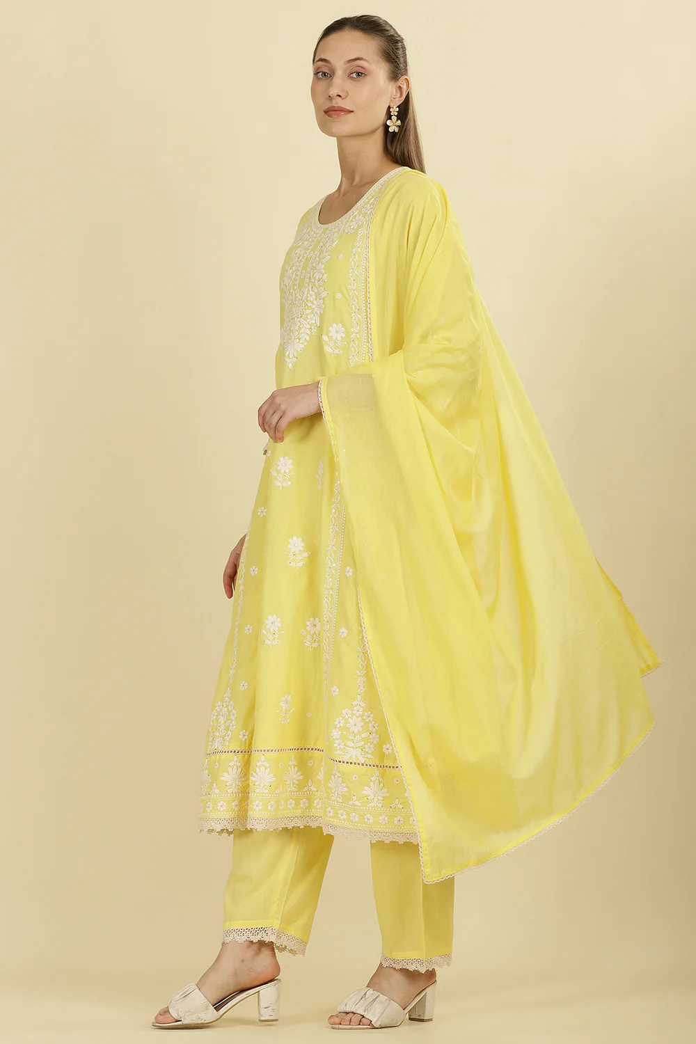 Pale Yellow Cotton Resham Floral Embroidered Anarkali Suit Set - Image 2