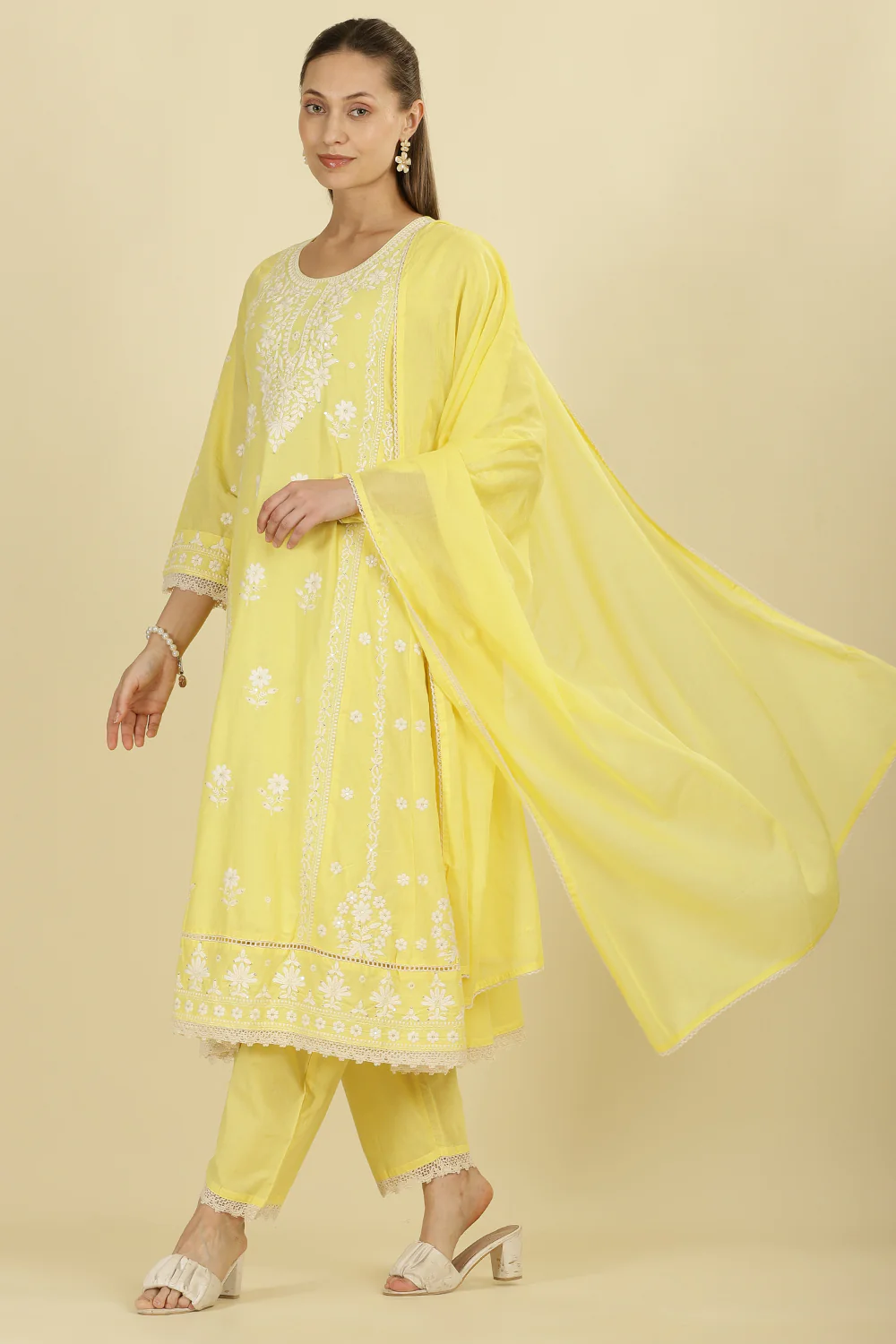 Pale Yellow Cotton Resham Floral Embroidered Anarkali Suit Set - Image 5