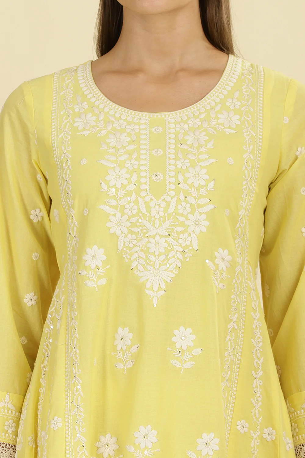 Pale Yellow Cotton Resham Floral Embroidered Anarkali Suit Set - Image 6