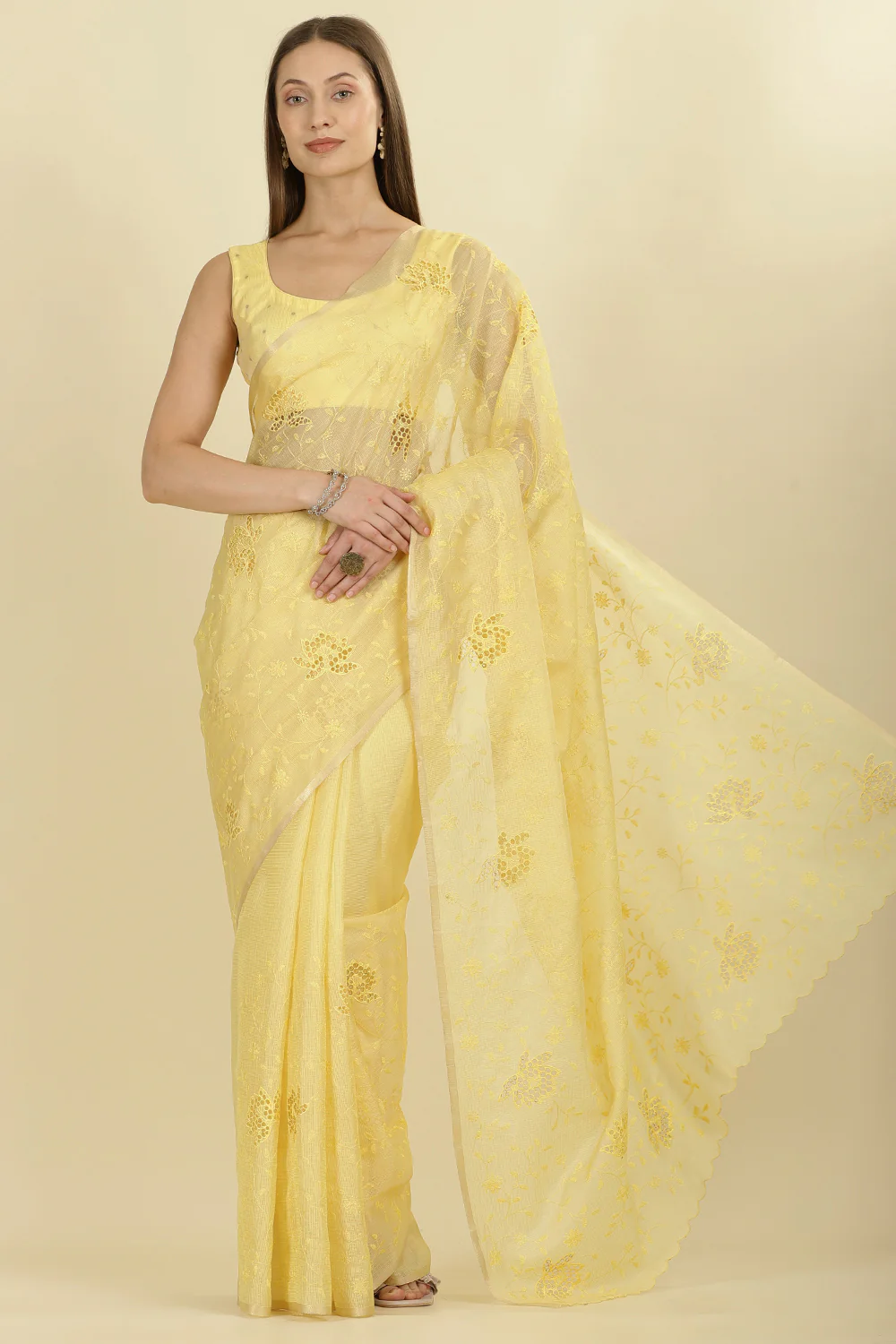 Pale Yellow Floral Resham Embroidered Cotton Saree - Image 2