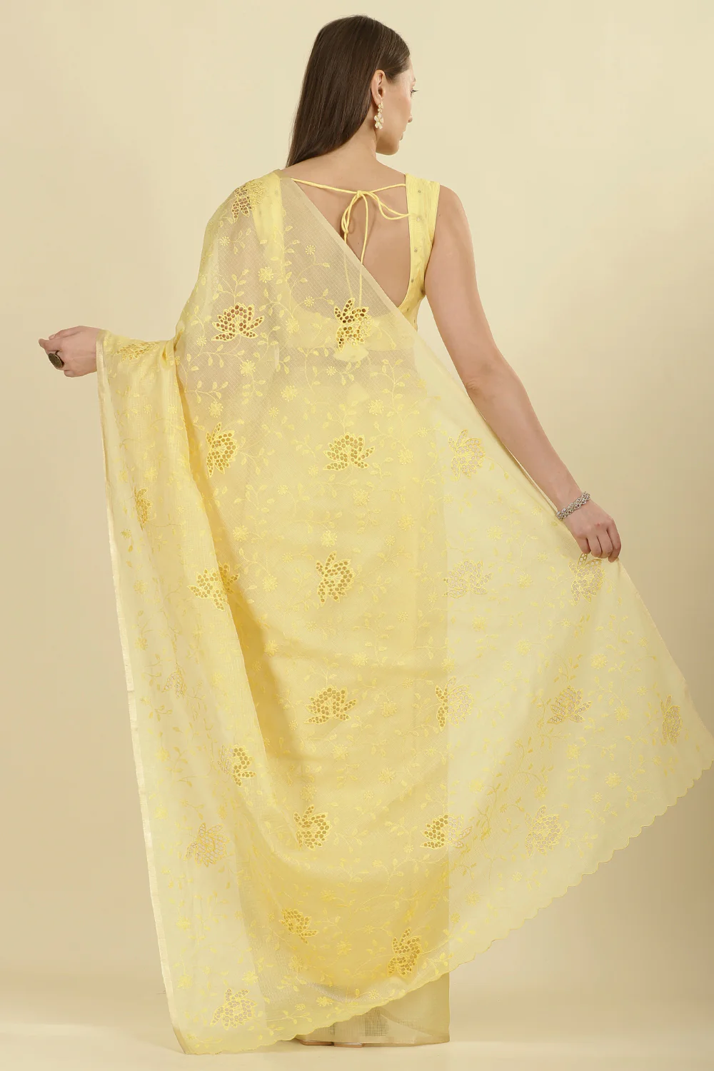 Pale Yellow Floral Resham Embroidered Cotton Saree - Image 4