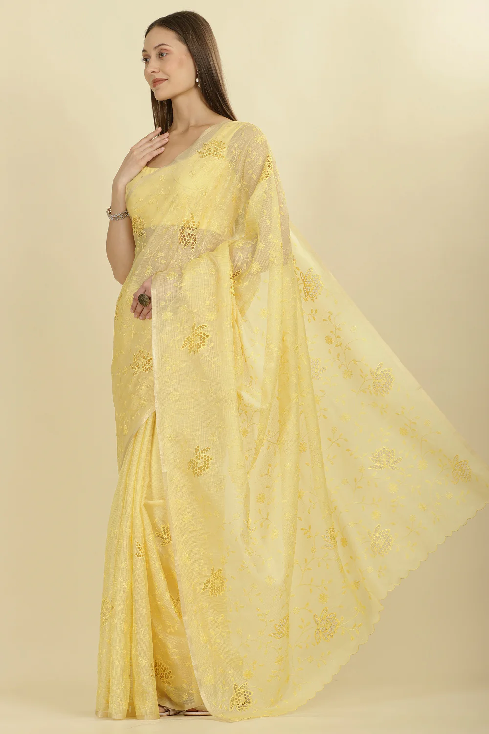 Pale Yellow Floral Resham Embroidered Cotton Saree - Image 5