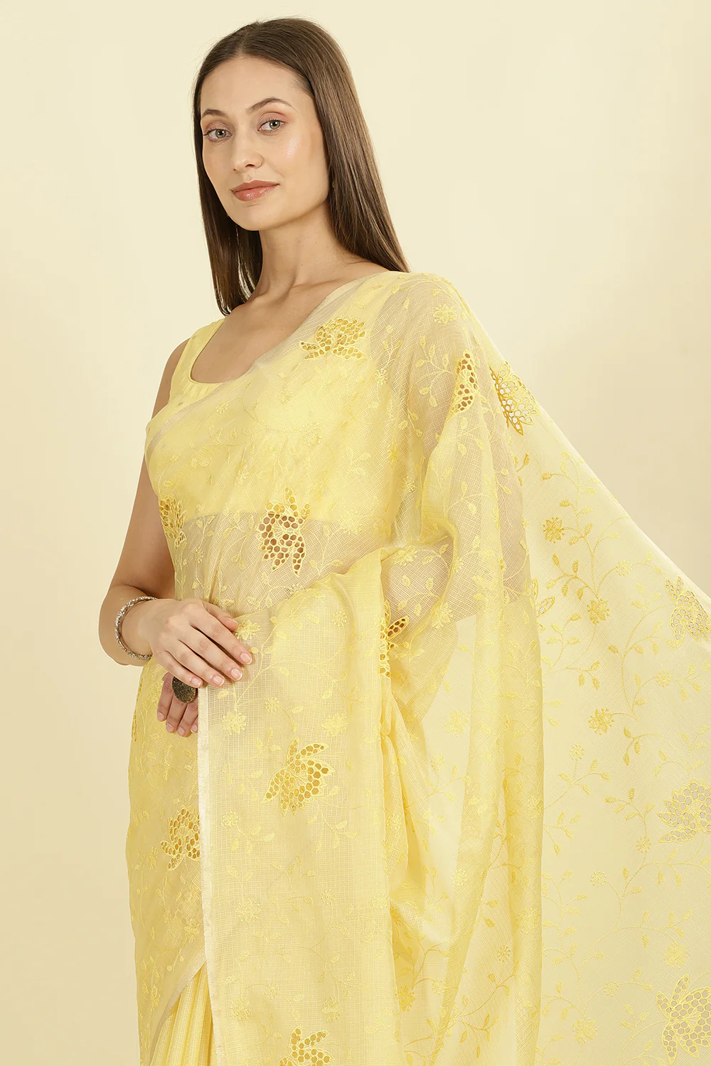 Pale Yellow Floral Resham Embroidered Cotton Saree - Image 6