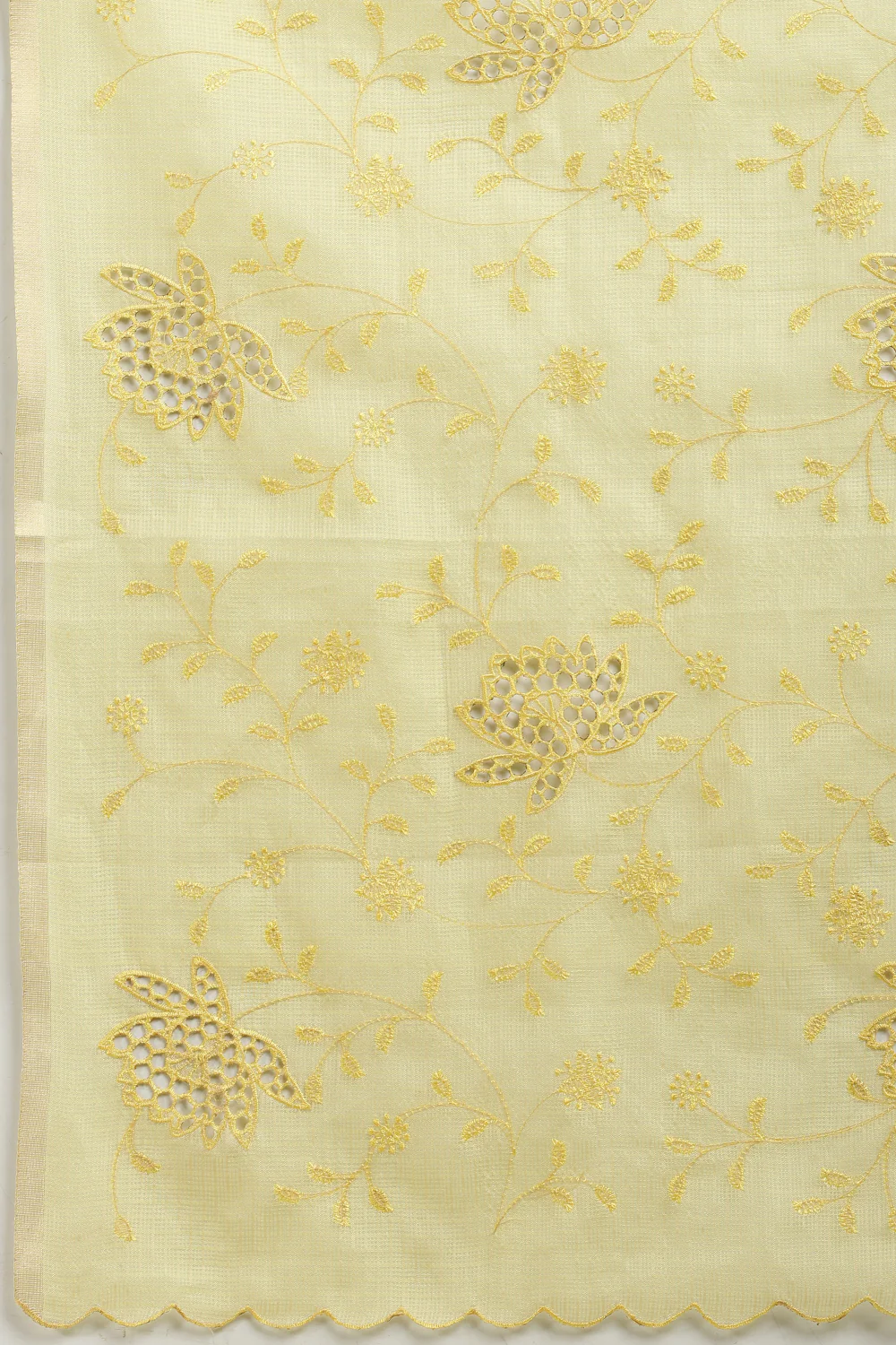 Pale Yellow Floral Resham Embroidered Cotton Saree - Image 7