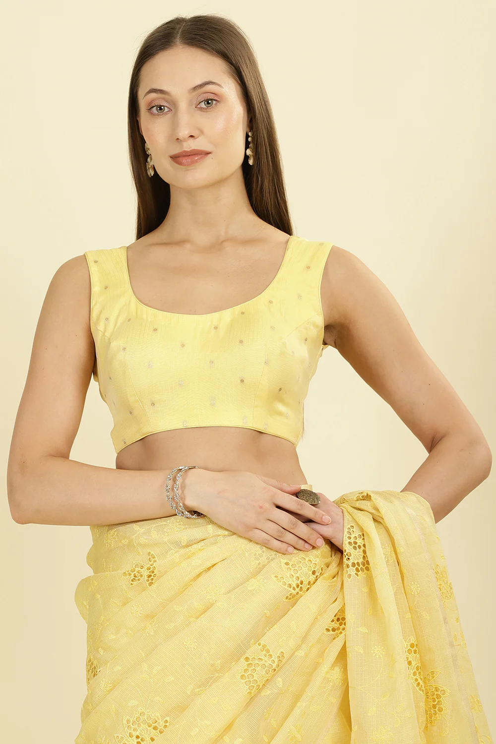 Pale Yellow Floral Resham Embroidered Cotton Saree - Image 8