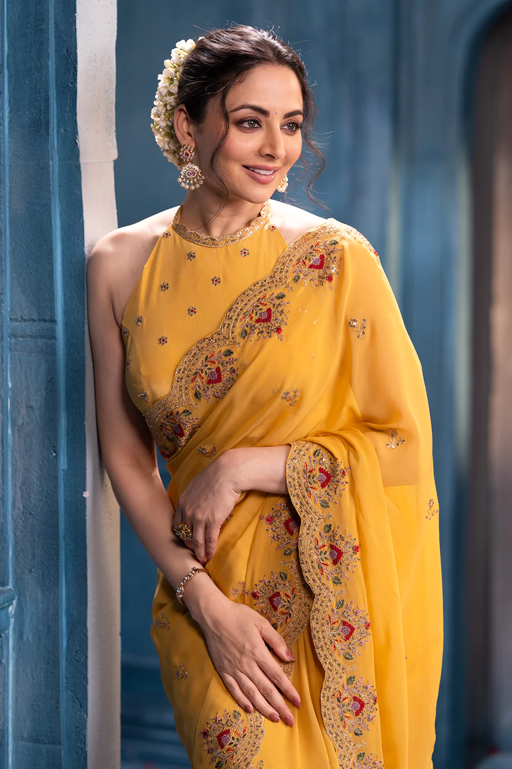 Pale Yellow Pure Georgette Resham, Zari and Sequins Embroidered Saree - Image 8