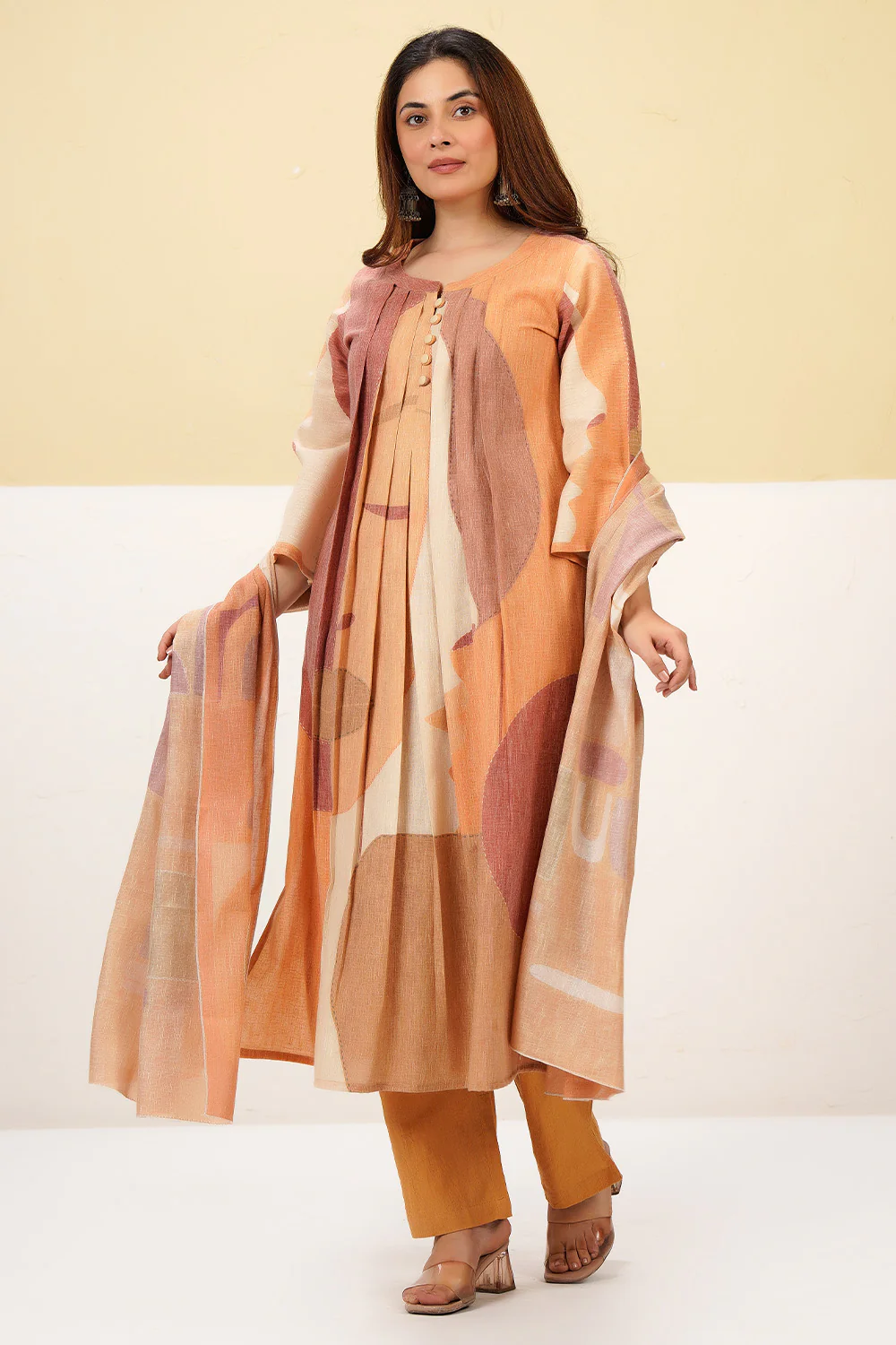 Pastel Mustard Cotton Printed Suit - Image 4
