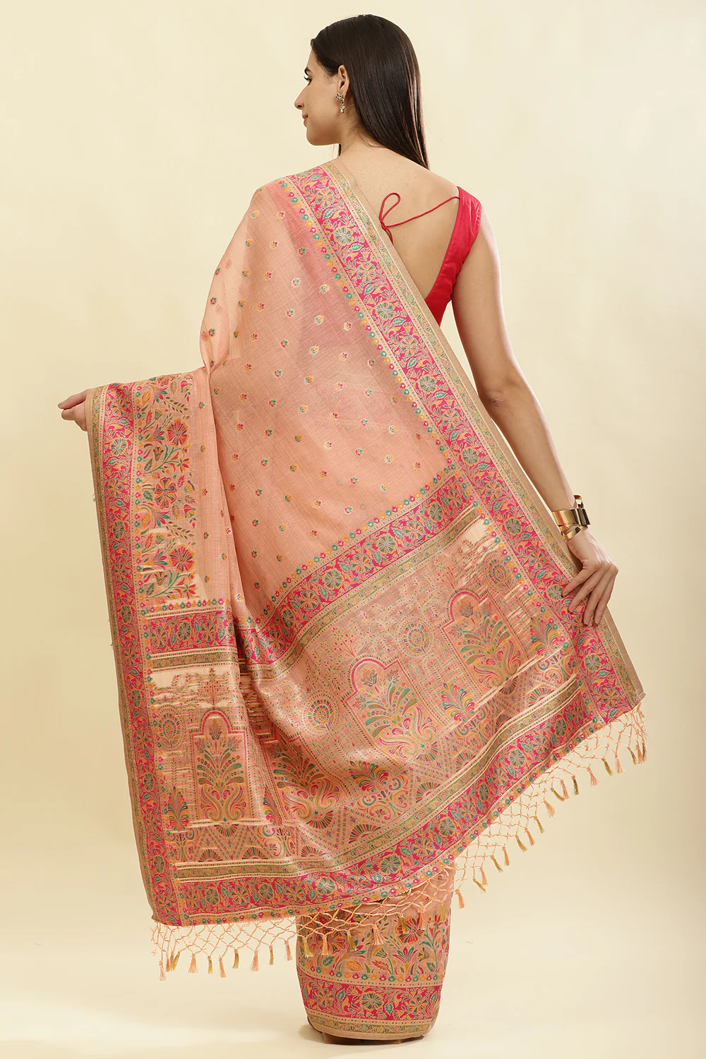 Peach Chanderi Cotton kashida Weaves Saree - Image 3