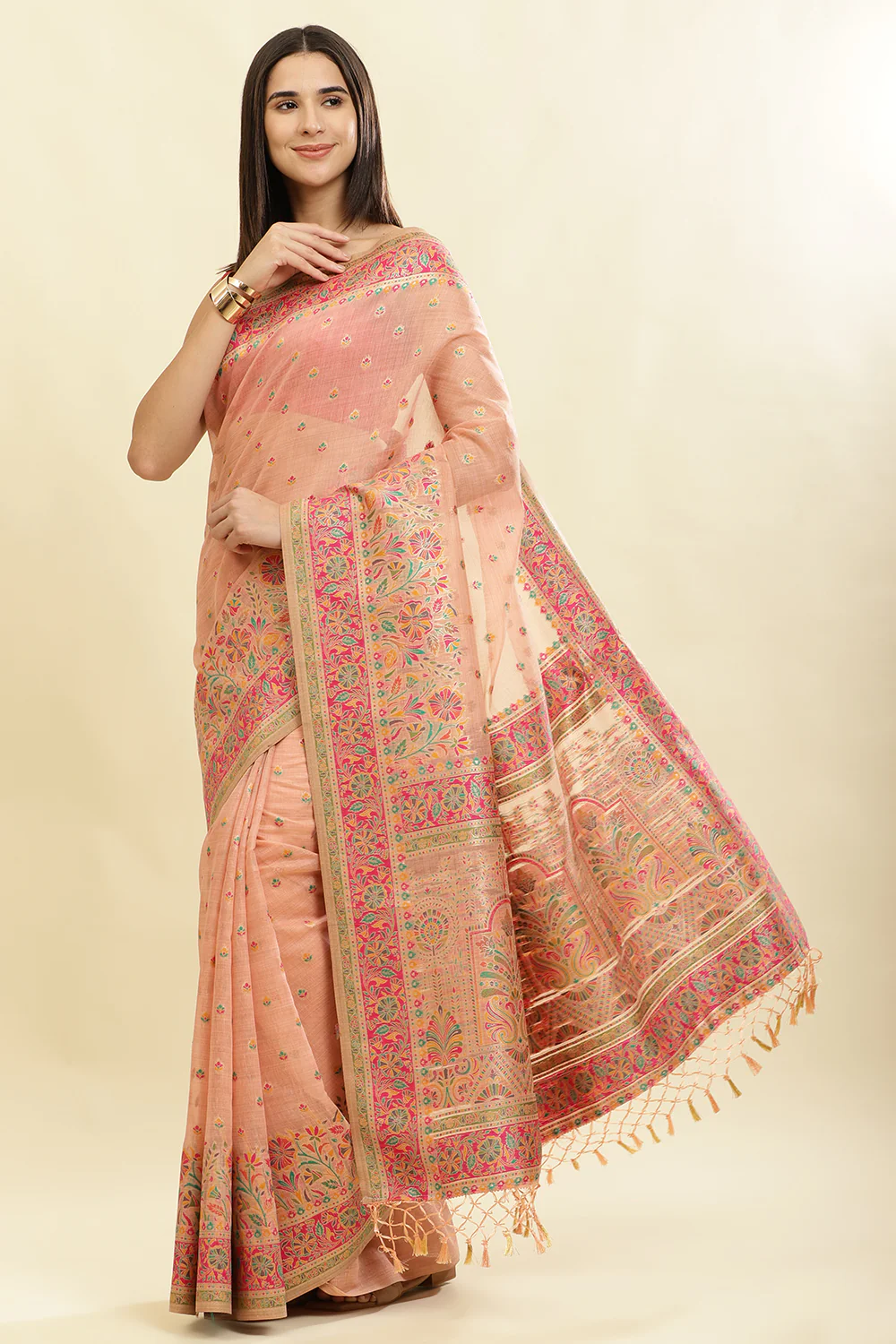 Peach Chanderi Cotton kashida Weaves Saree - Image 4