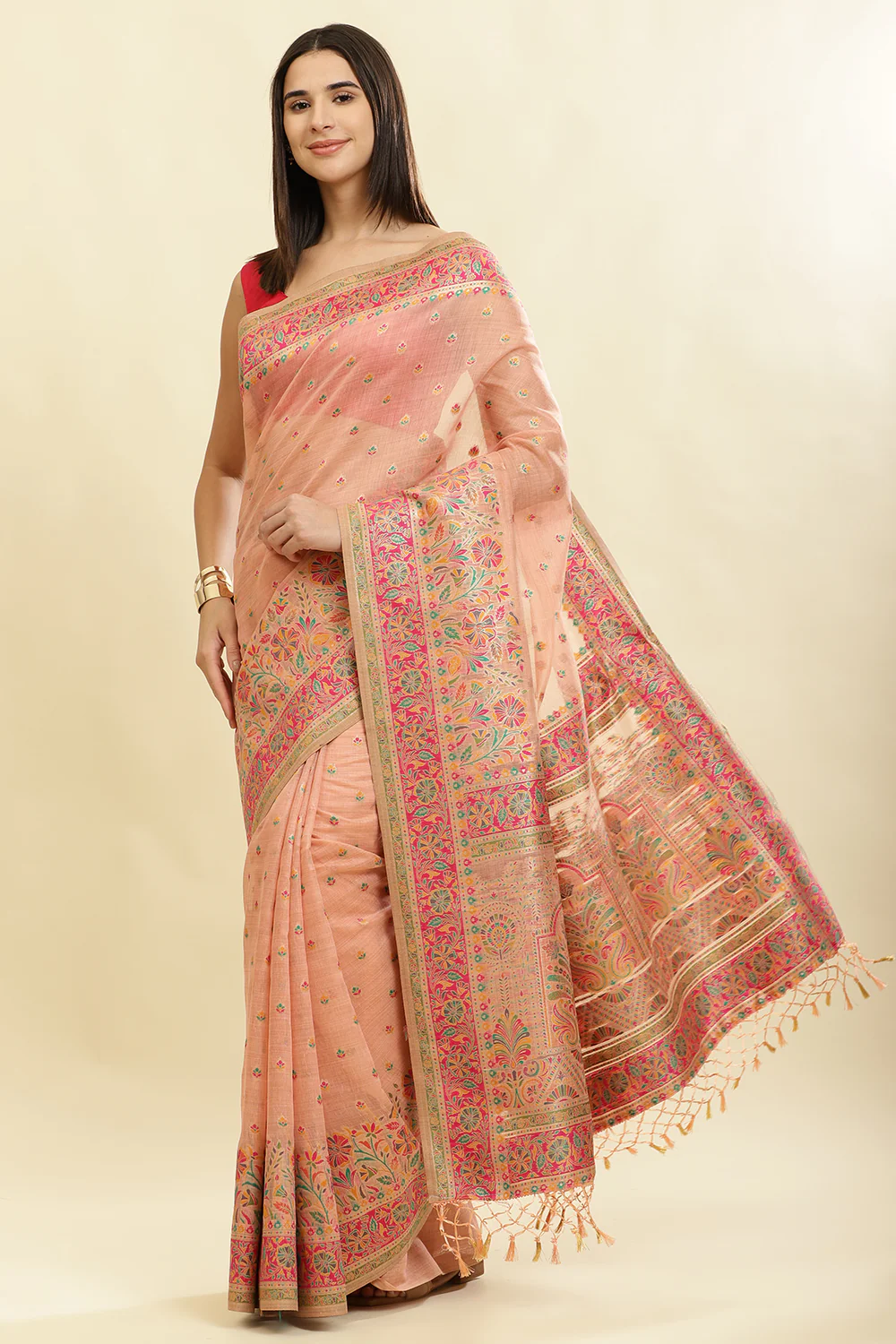 Peach Chanderi Cotton kashida Weaves Saree - Image 5