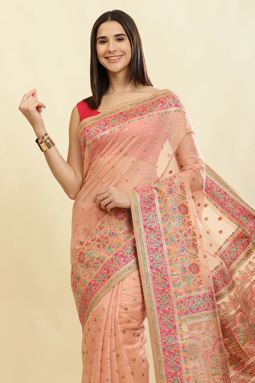 Peach Chanderi Cotton kashida Weaves Saree - Image 6