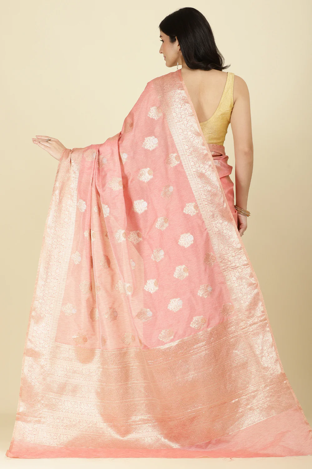 Peach Cotton Zari Woven Saree - Image 3