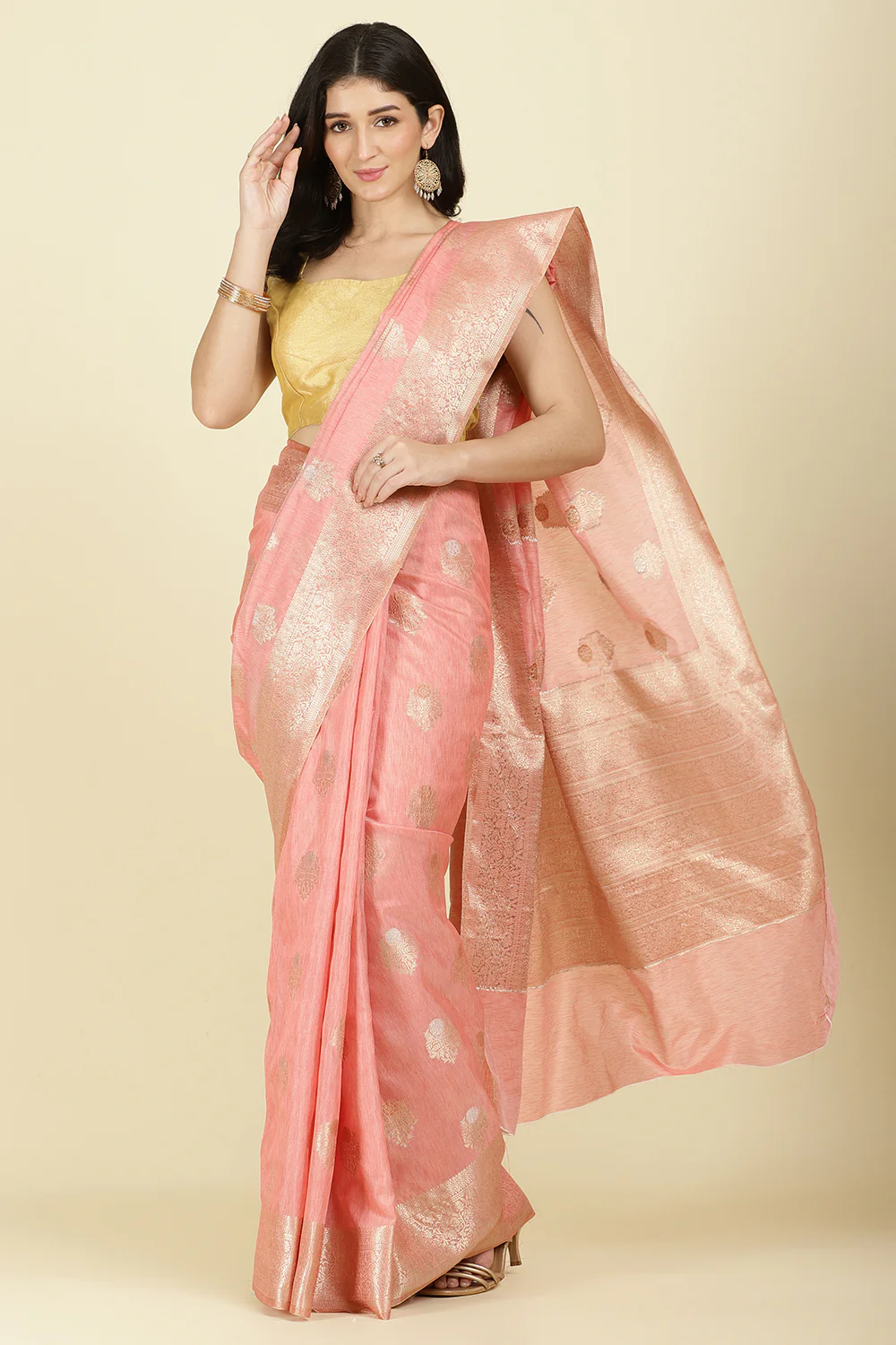 Peach Cotton Zari Woven Saree - Image 4