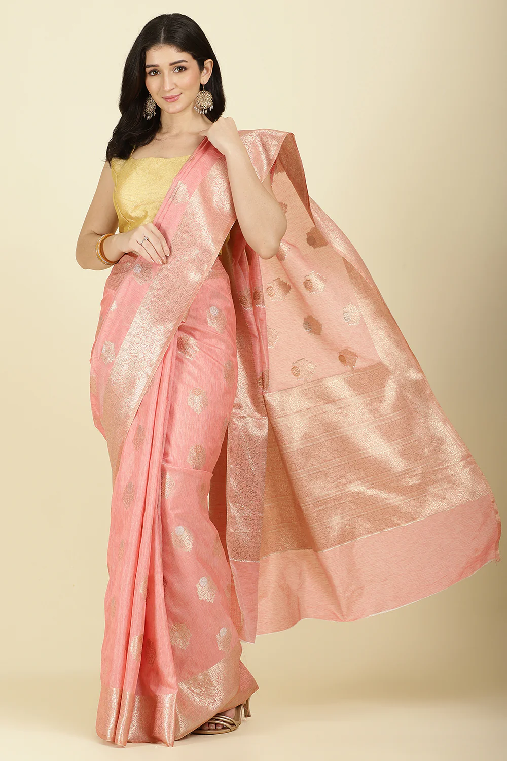 Peach Cotton Zari Woven Saree - Image 6