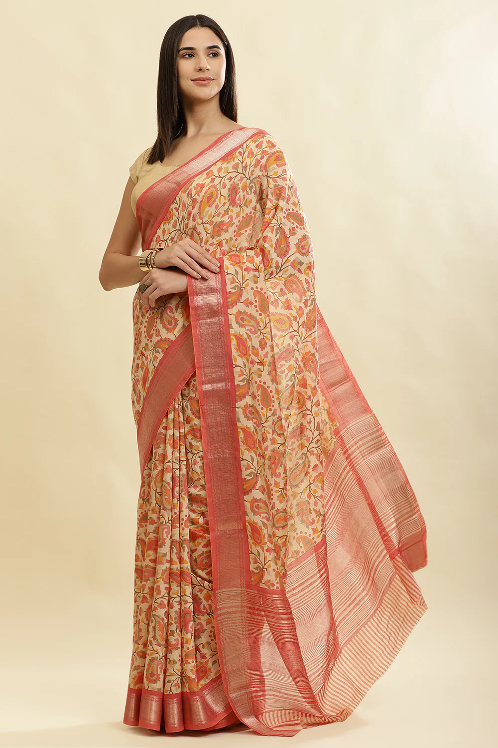 Pink & Beige Cotton Silk Floral Boota Printed Saree - Image 4