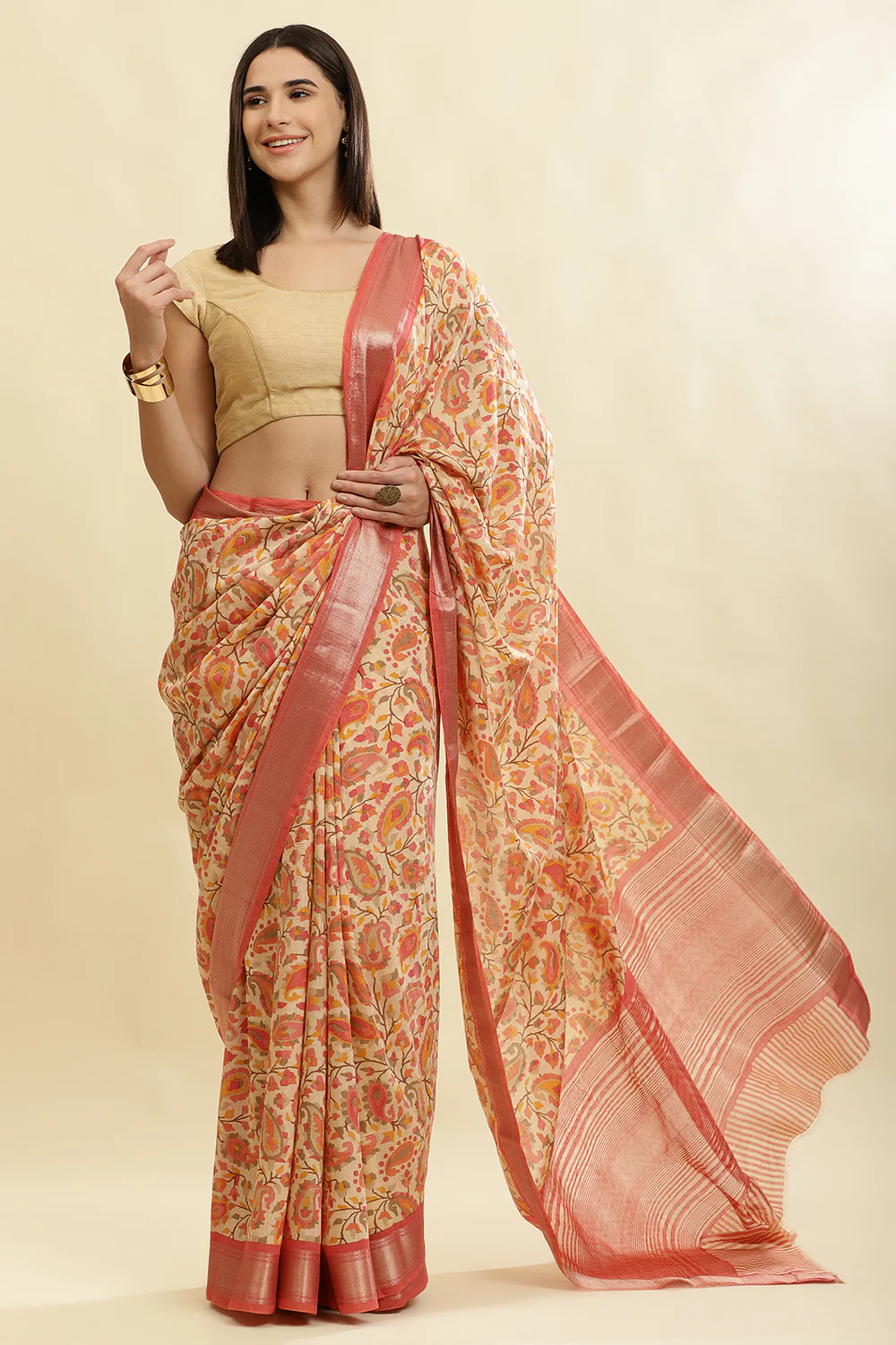 Pink & Beige Cotton Silk Floral Boota Printed Saree - Image 6