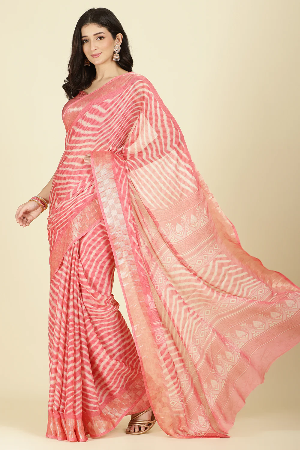 Pink Color Chiffon Leheriya Printed Saree - Image 3