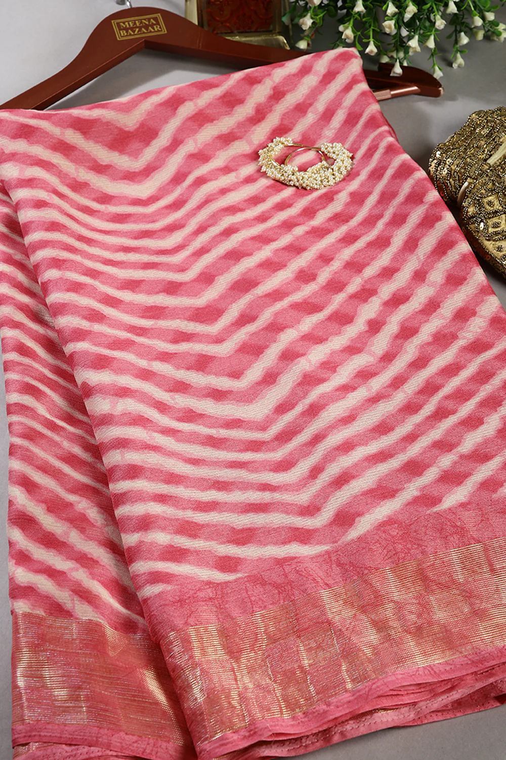 Pink Color Chiffon Leheriya Printed Saree - Image 4