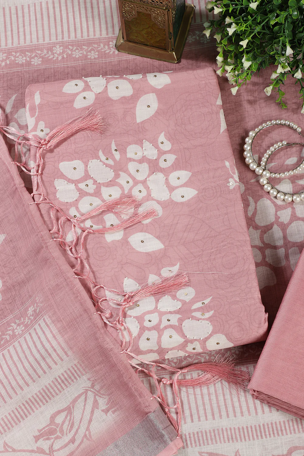 Pink Color Printed Linen Cotton Unstitched Suits - Image 3