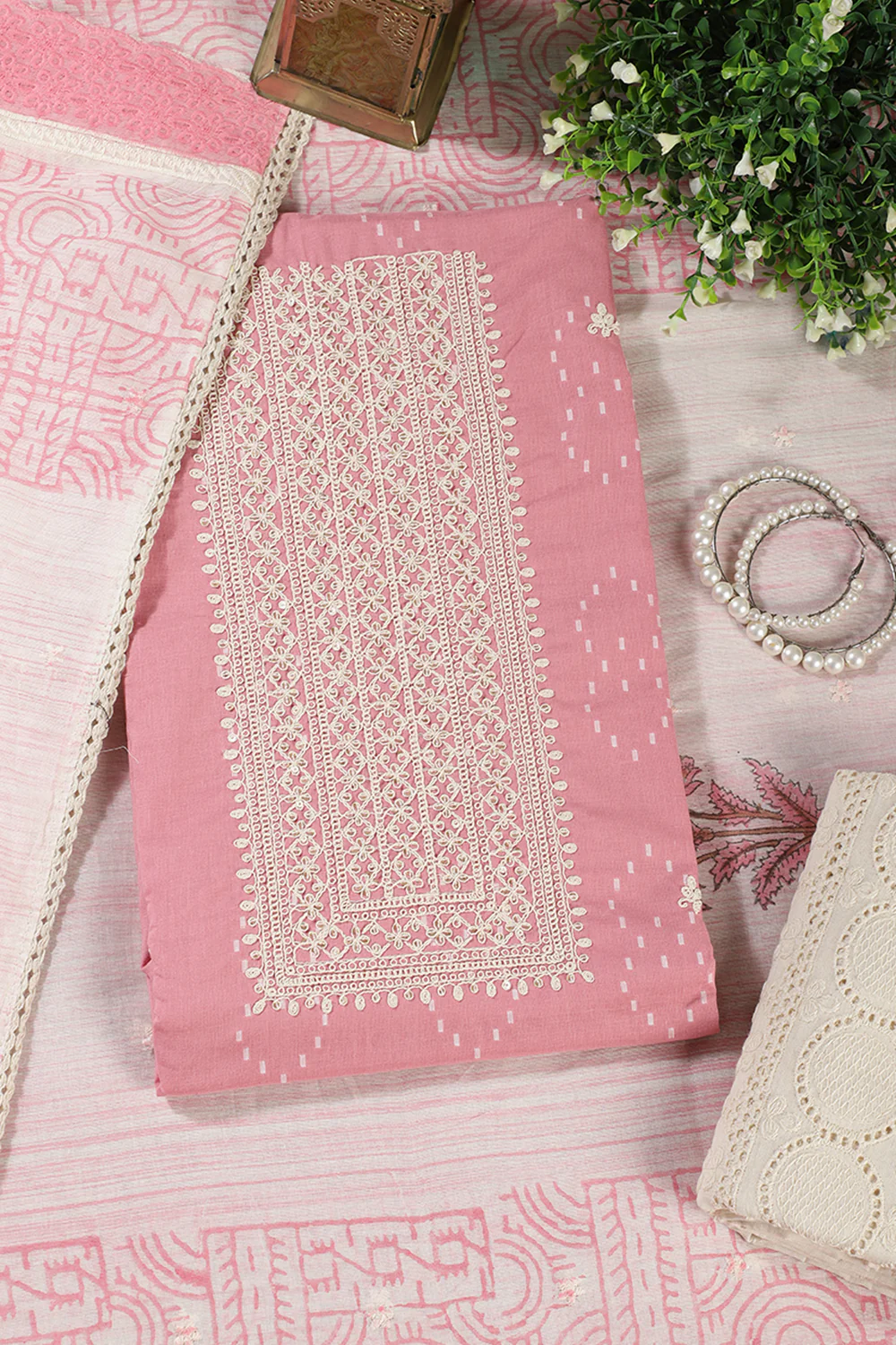 Pink Colour Cotton Printed & Resham Neck Embroidered Unstitched Suit - Image 4