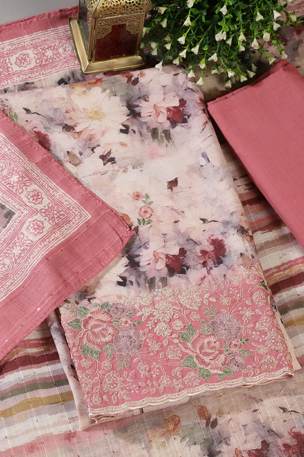 Pink Cotton Floral Printed And Hemline Embroidered Unstitched Suit - Image 3