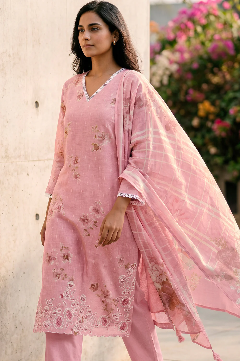 Pink Cotton Floral Resham Embroidered and Printed Unstitched Suit Material - Image 2