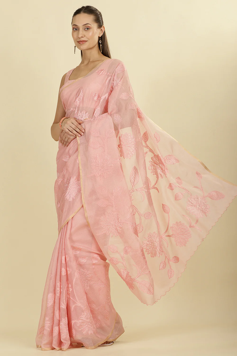 Pink Cotton Floral Resham Embroidered Saree - Image 2