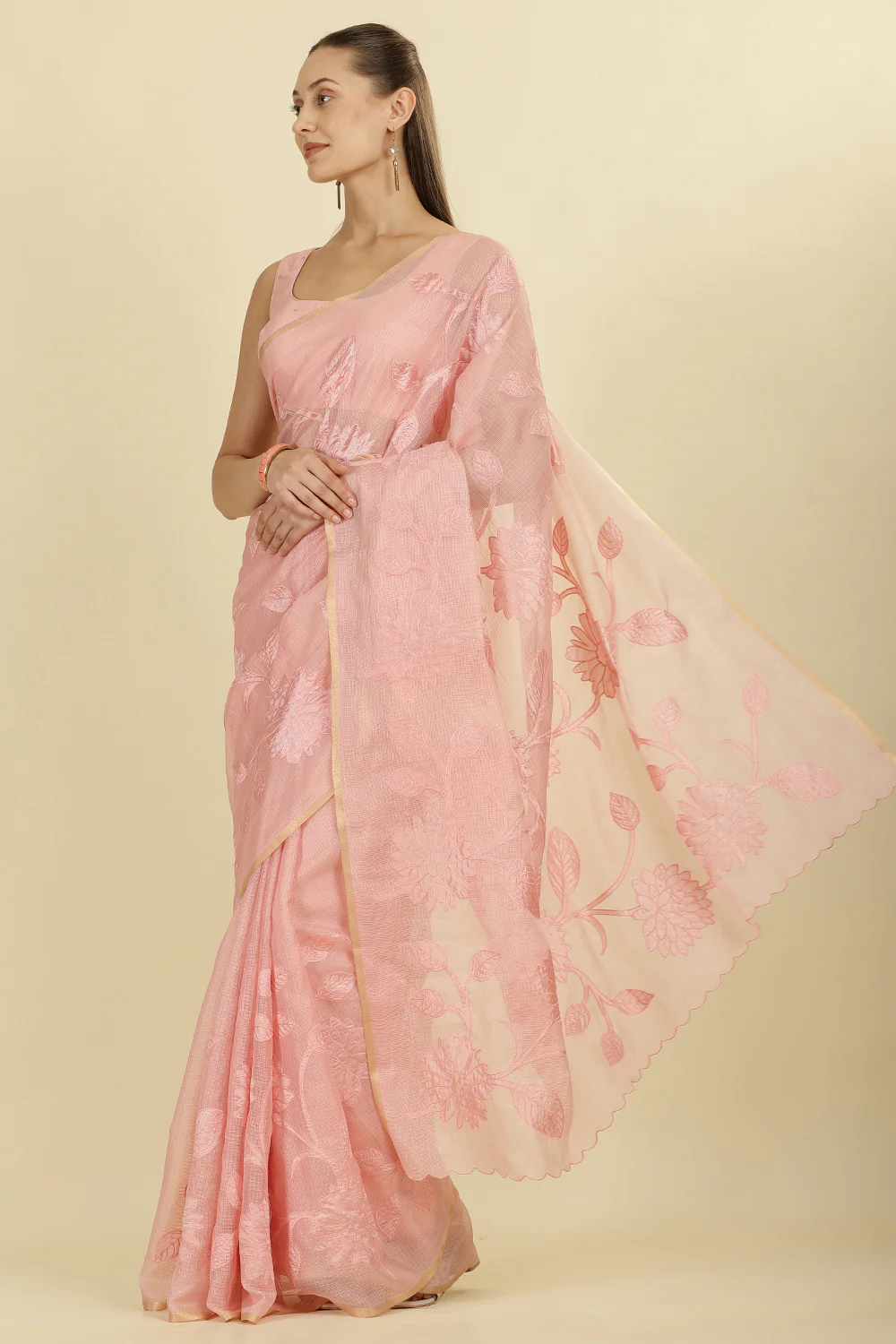 Pink Cotton Floral Resham Embroidered Saree - Image 4