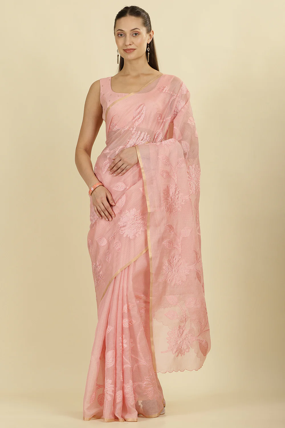 Pink Cotton Floral Resham Embroidered Saree - Image 6