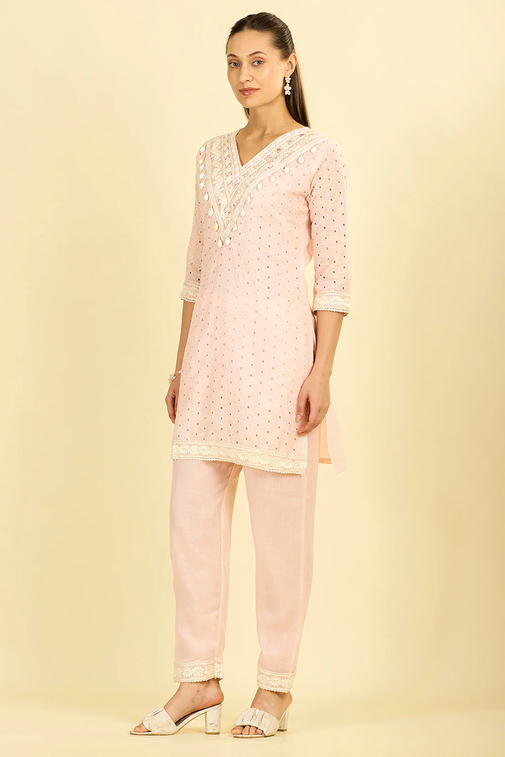 Pink Cotton Hacoba Style Neck-Embroidered Kurta Set - Image 3